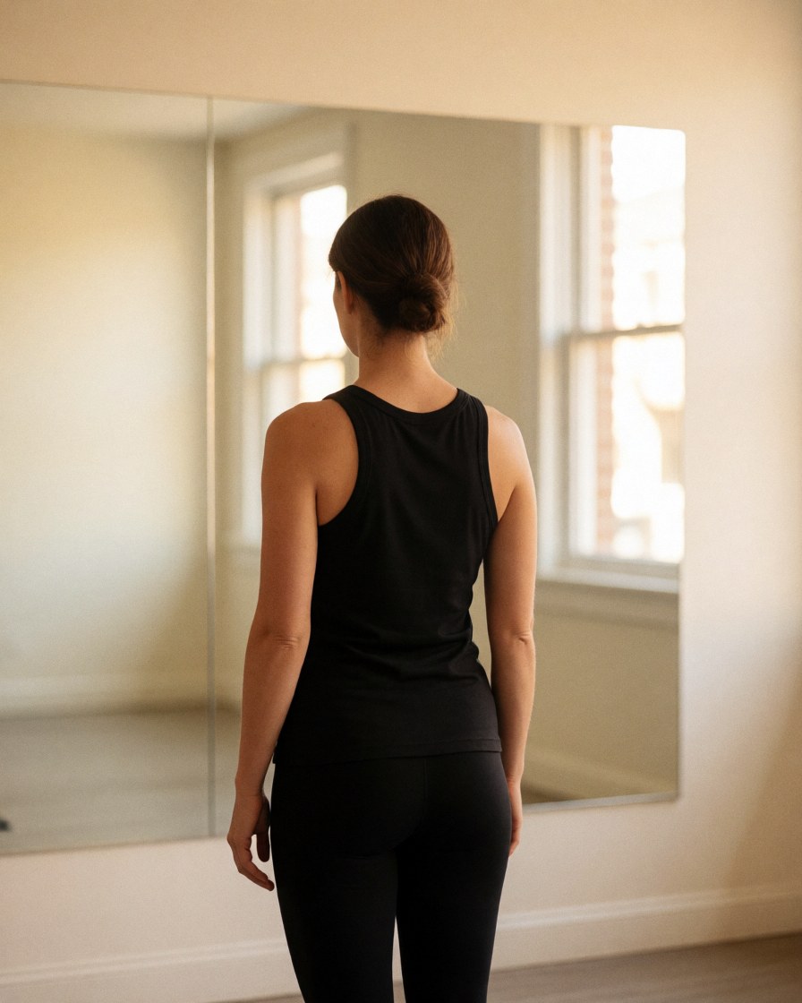 Female dance instructor in black athletic wear stands with back to camera facing a large mirror in a bright studio with white walls and windows.