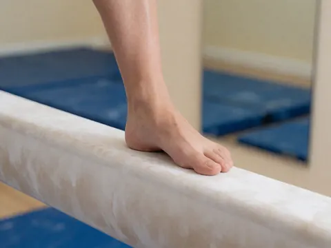 Close-up of bare feet on a white gymnastics balance beam with a blue mat and mirror in the background