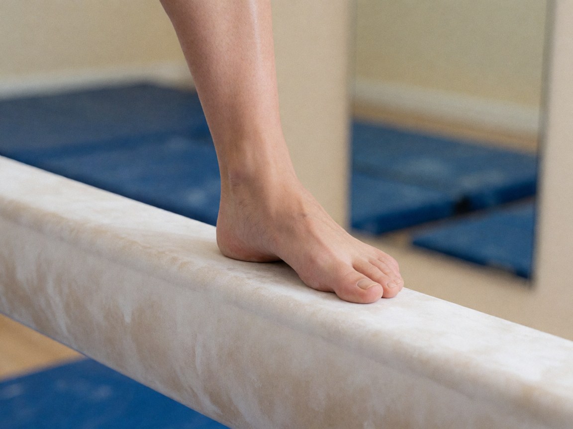 Close-up of bare feet on a white gymnastics balance beam with a blue mat and mirror in the background