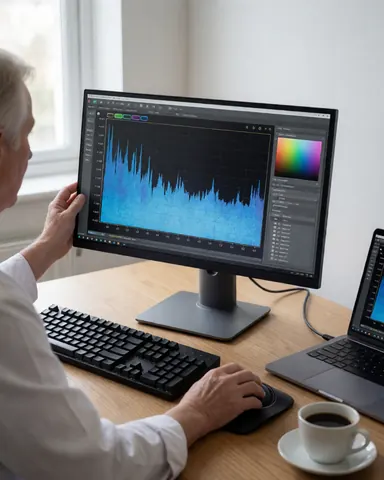 Photographer adjusting a monitor displaying an image histogram on a light wooden desk with keyboard, mouse, and coffee cup
