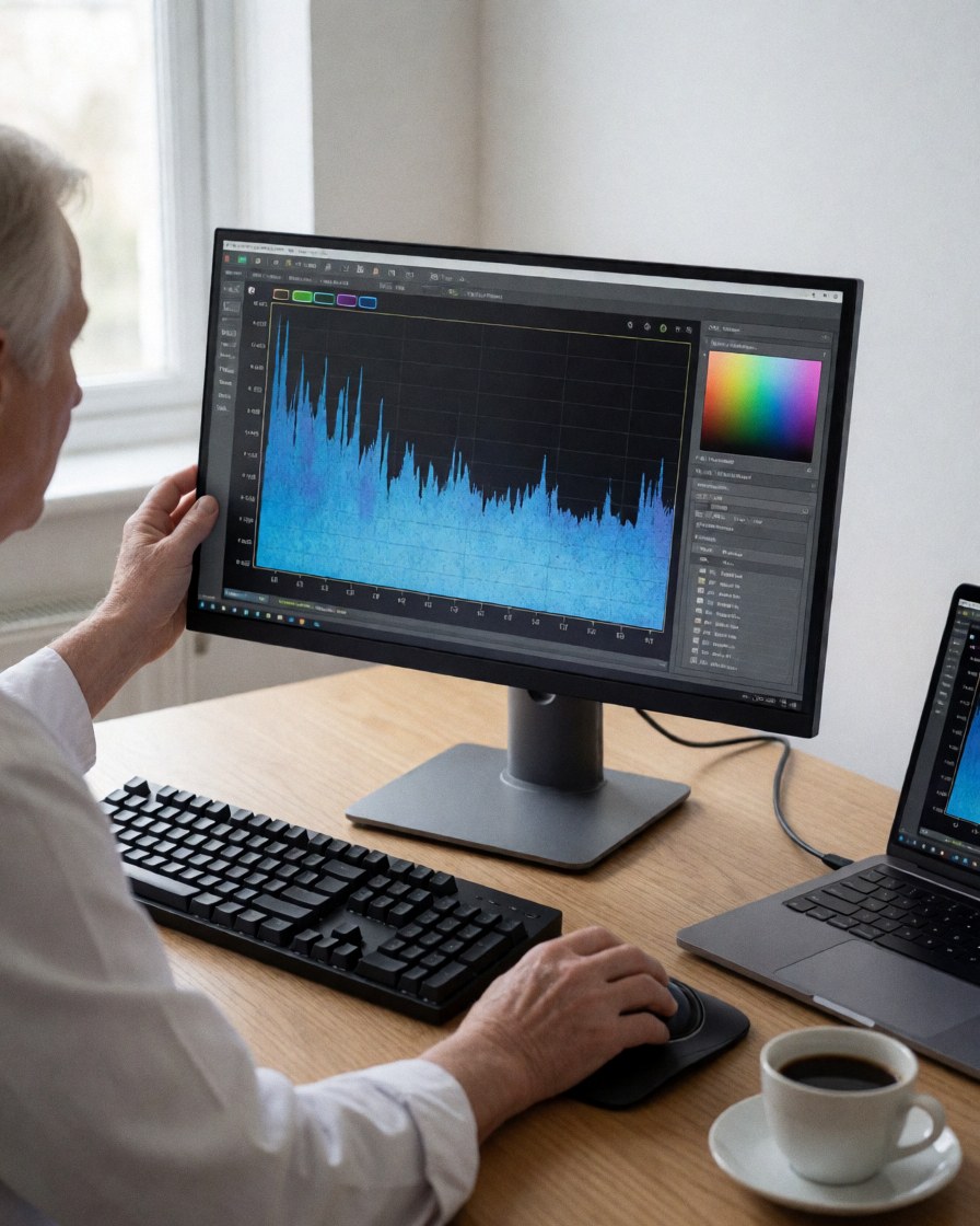Photographer adjusting a monitor displaying an image histogram on a light wooden desk with keyboard, mouse, and coffee cup