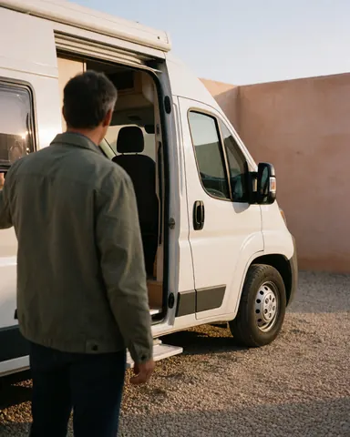 A man inspects the interior of a white camper van inside a repair shop with terracotta walls and gravel under sunset light.