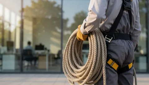 Worker with harness and thick rope ready to clean glass in modern office with sunset light