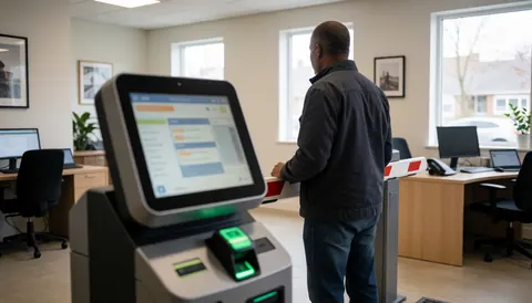 A customer using a payment terminal in a parking lot with natural light, showing the payment equipment and barrier.