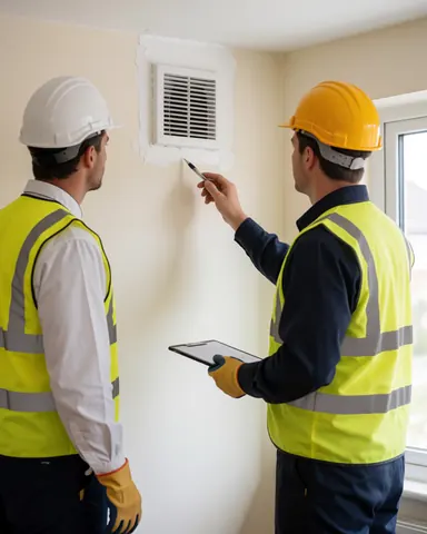 Two technicians in safety gear inspect a newly installed ceiling fan, with one pointing at the unit while holding a clipboard.