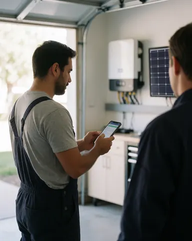 A satisfied client reviews their solar system status on a mobile phone while a technician provides guidance in a garage setting.