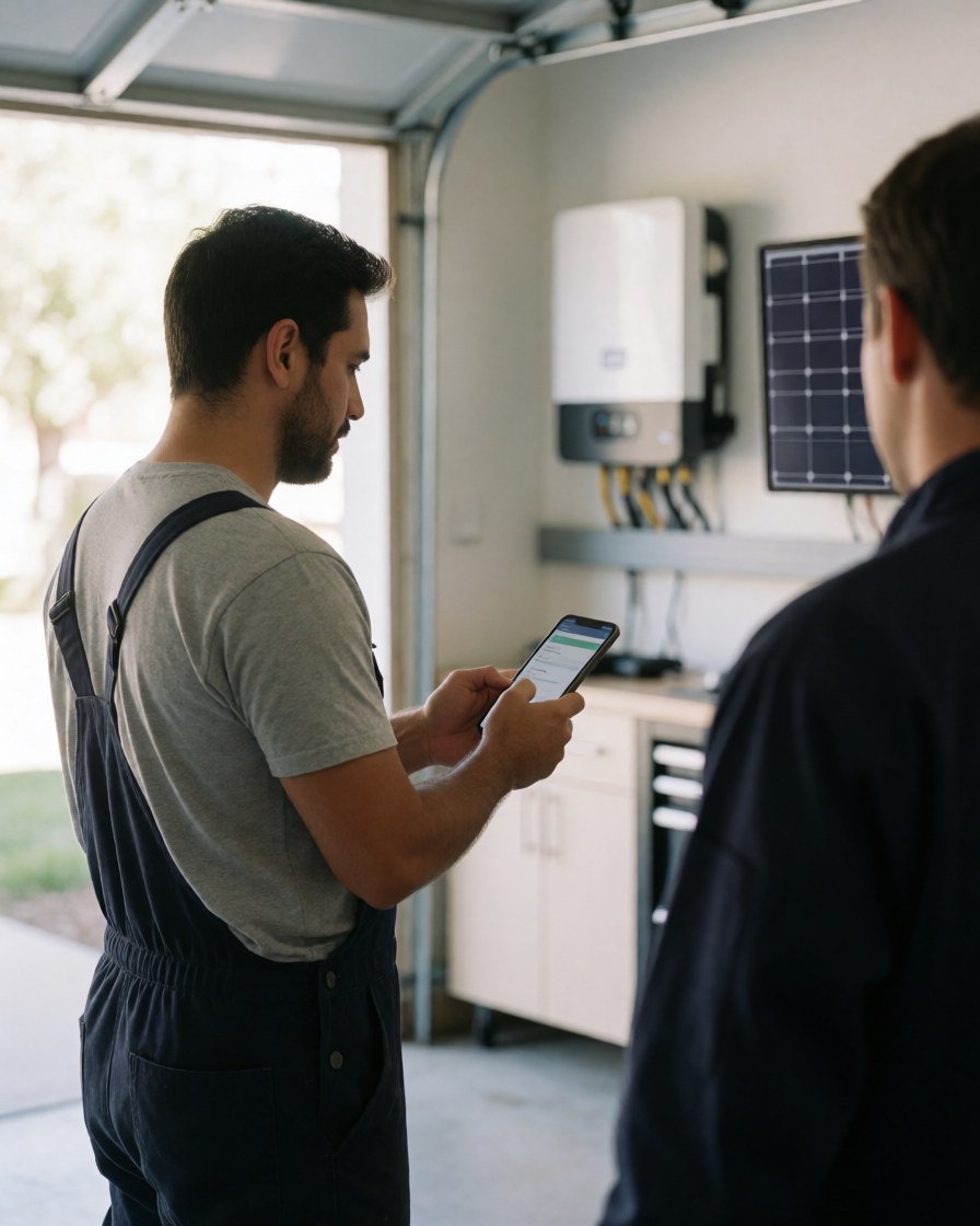 A satisfied client reviews their solar system status on a mobile phone while a technician provides guidance in a garage setting.