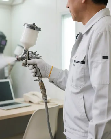 Auto body technician in white uniform and gloves using a spray gun in a clean professional workshop environment