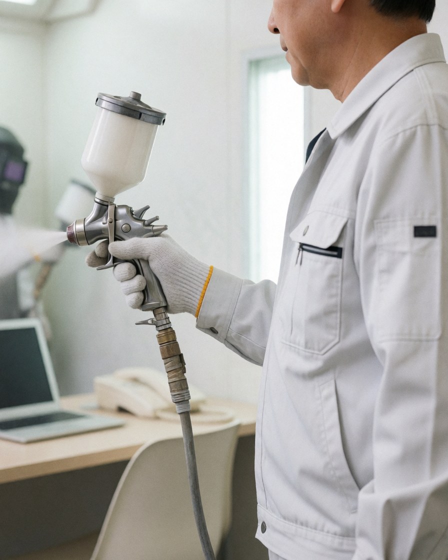 Auto body technician in white uniform and gloves using a spray gun in a clean professional workshop environment