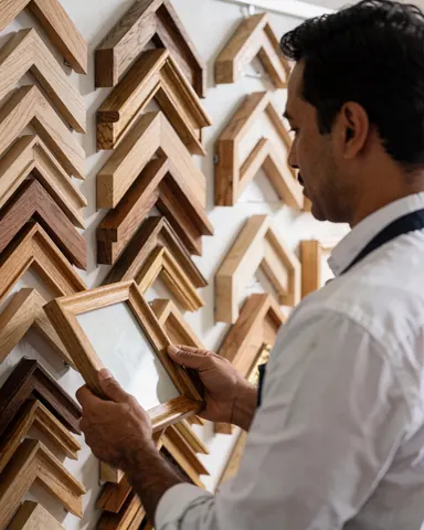 A happy customer examines a wooden frame in a carpentry store with a wall of wooden frames in the background.