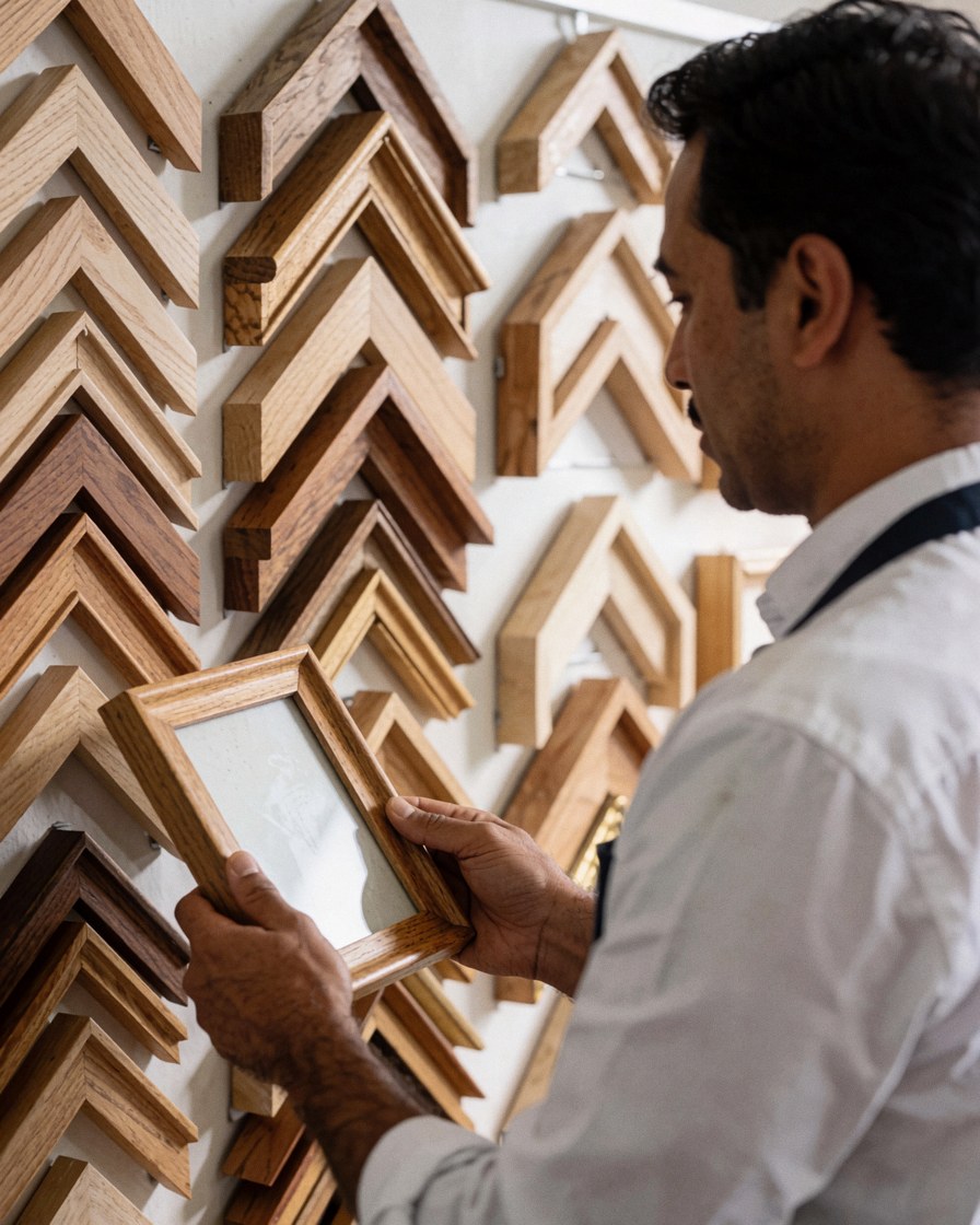 A happy customer examines a wooden frame in a carpentry store with a wall of wooden frames in the background.