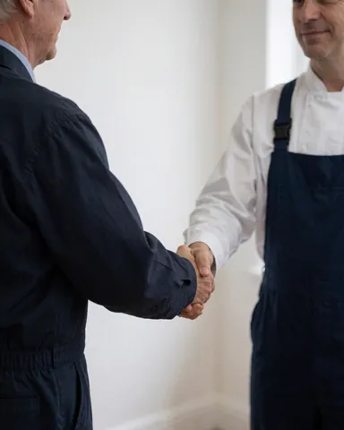 Two men shaking hands in an office with white walls, one in uniform and the other in a business suit, representing a professional agreement.