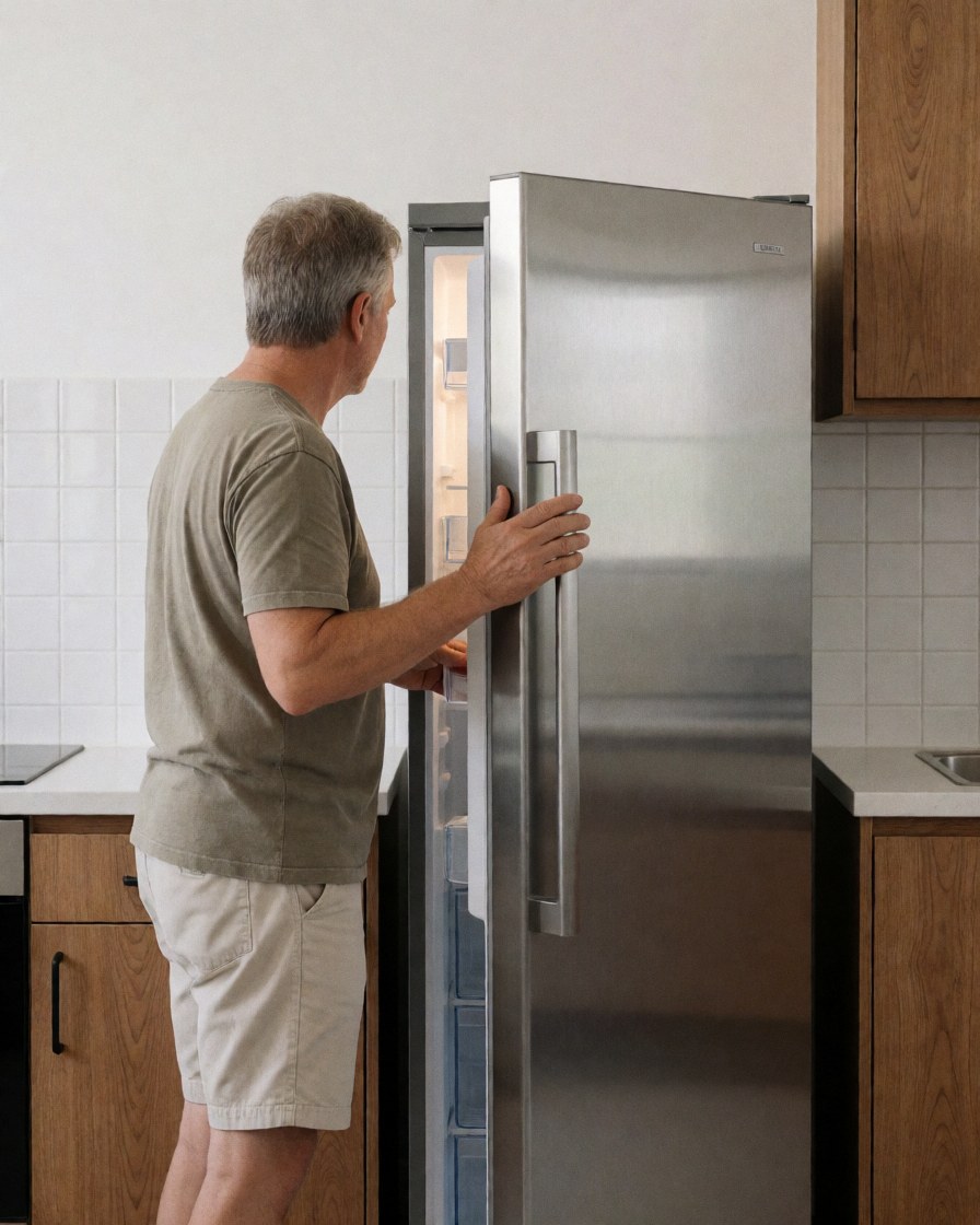 A man opens a stainless steel refrigerator in a kitchen with white tiles and wooden cabinets, showing a clean and functional environment for a hostel.