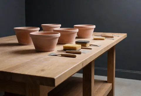 Clay pots arranged on a wooden table with ceramic tools, gray walls, and natural light in a pottery studio.