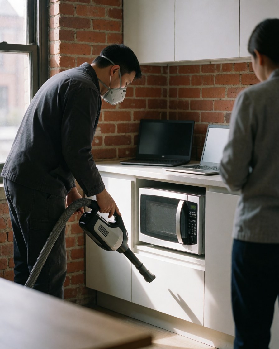 Technician wearing a mask vacuuming the floor near a newly installed microwave in a kitchen with red brick walls and white cabinetry.