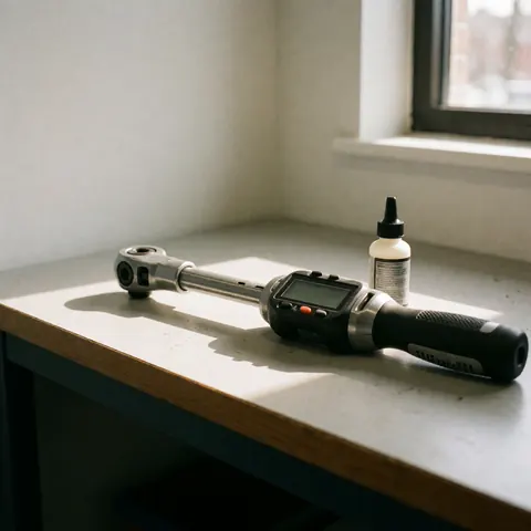 Digital torque wrench and bottle of thread locker on a clean workbench illuminated by natural window light for motorcycle repair