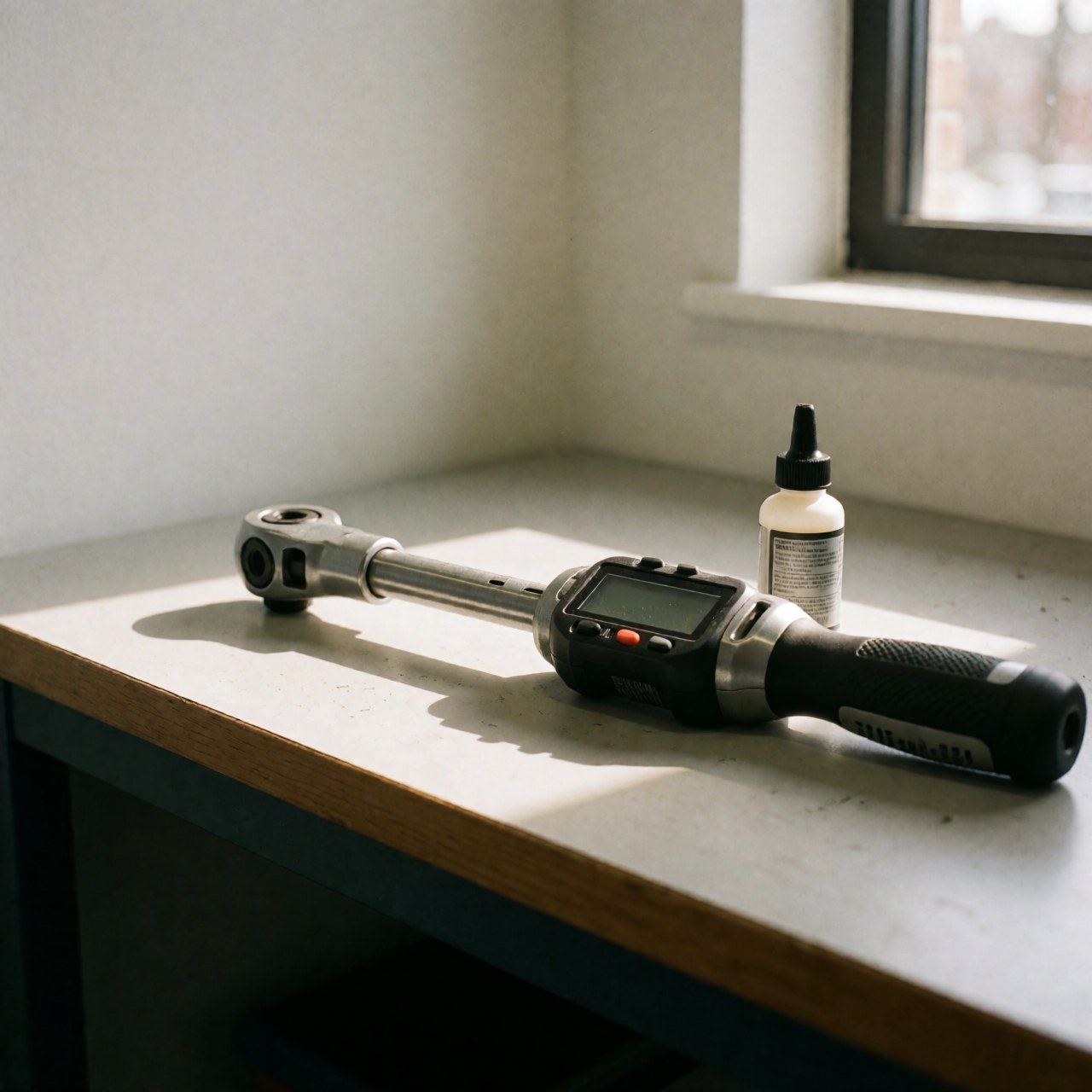 Digital torque wrench and bottle of thread locker on a clean workbench illuminated by natural window light for motorcycle repair