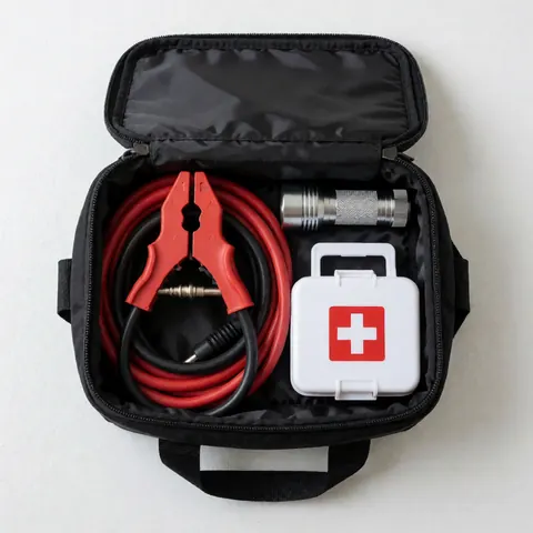 Car emergency kit containing jumper cables, flashlight, and first aid box in a black bag on a white background