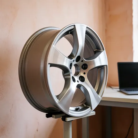 Restored alloy wheel mounted on a repair stand against a terracotta brick wall with professional lighting