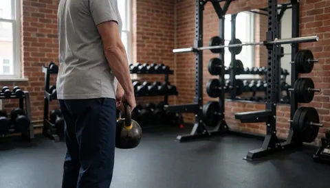 Track and field coach holding a kettlebell in a gym with brick walls and weights on shelves