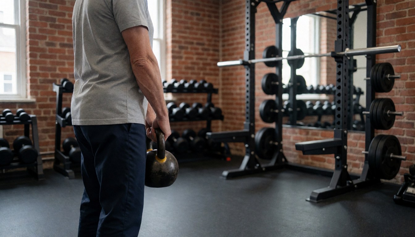 Track and field coach holding a kettlebell in a gym with brick walls and weights on shelves