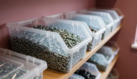 Plastic screw containers and electronic components on a wooden shelf against a pink wall in an electronics repair workshop