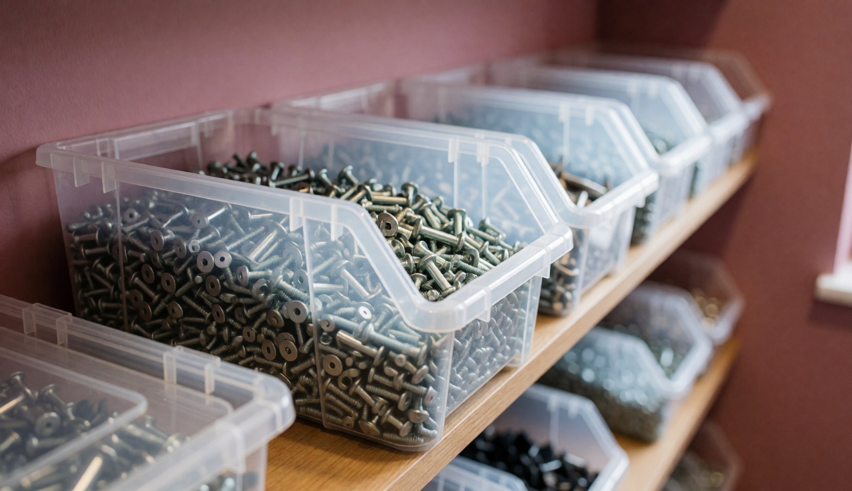 Plastic screw containers and electronic components on a wooden shelf against a pink wall in an electronics repair workshop