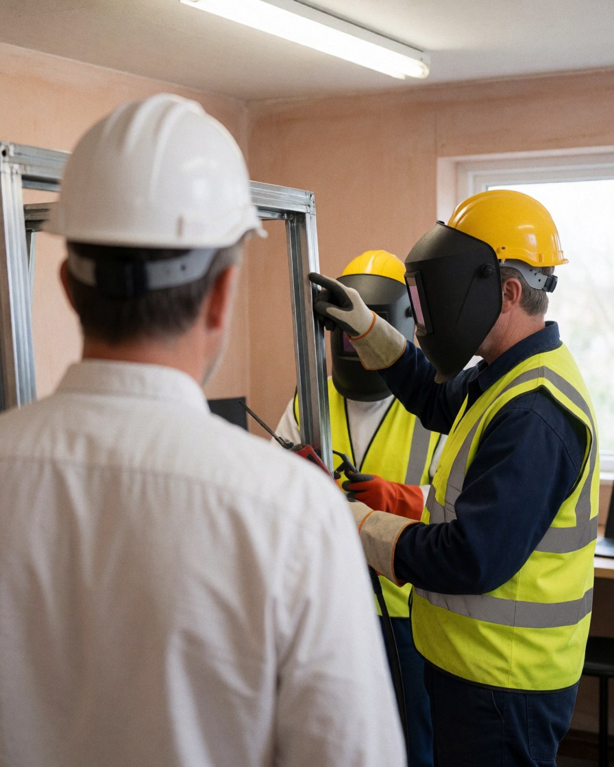 A client wearing a white helmet watches a welder in a yellow helmet and reflective vest work on a metal structure in an industrial workshop.