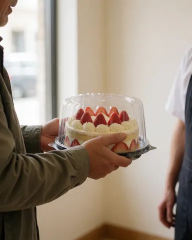 A satisfied customer holds a decorated strawberry cake with frosting in a warm bakery interior with natural light.