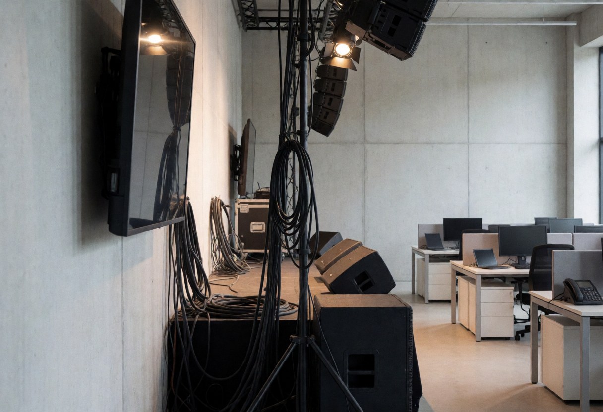 Empty event stage featuring professional speakers, cables, and lighting against concrete walls, ready for a presentation.