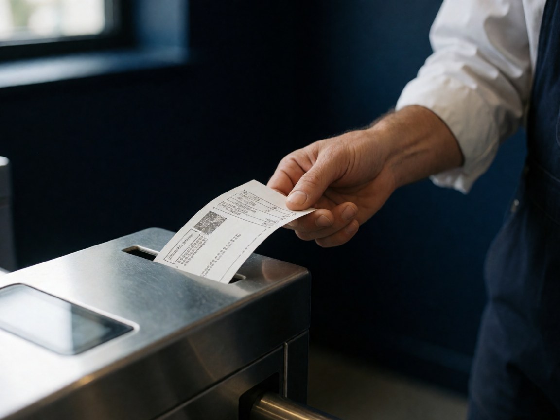 Close-up of a hand inserting a public transport ticket into a metal turnstile against a navy blue wall.