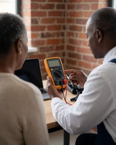 Technician shows multimeter reading to customer in brick wall workshop explaining equipment status