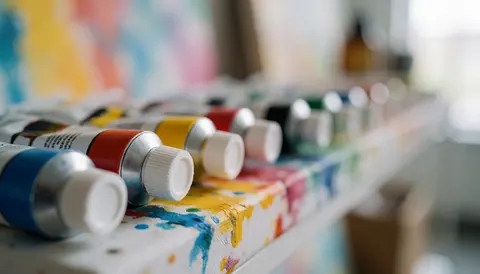 Paint tubes resting on a stained canvas with a blurred background, ideal for a painting workshop or creative studio text overlay.