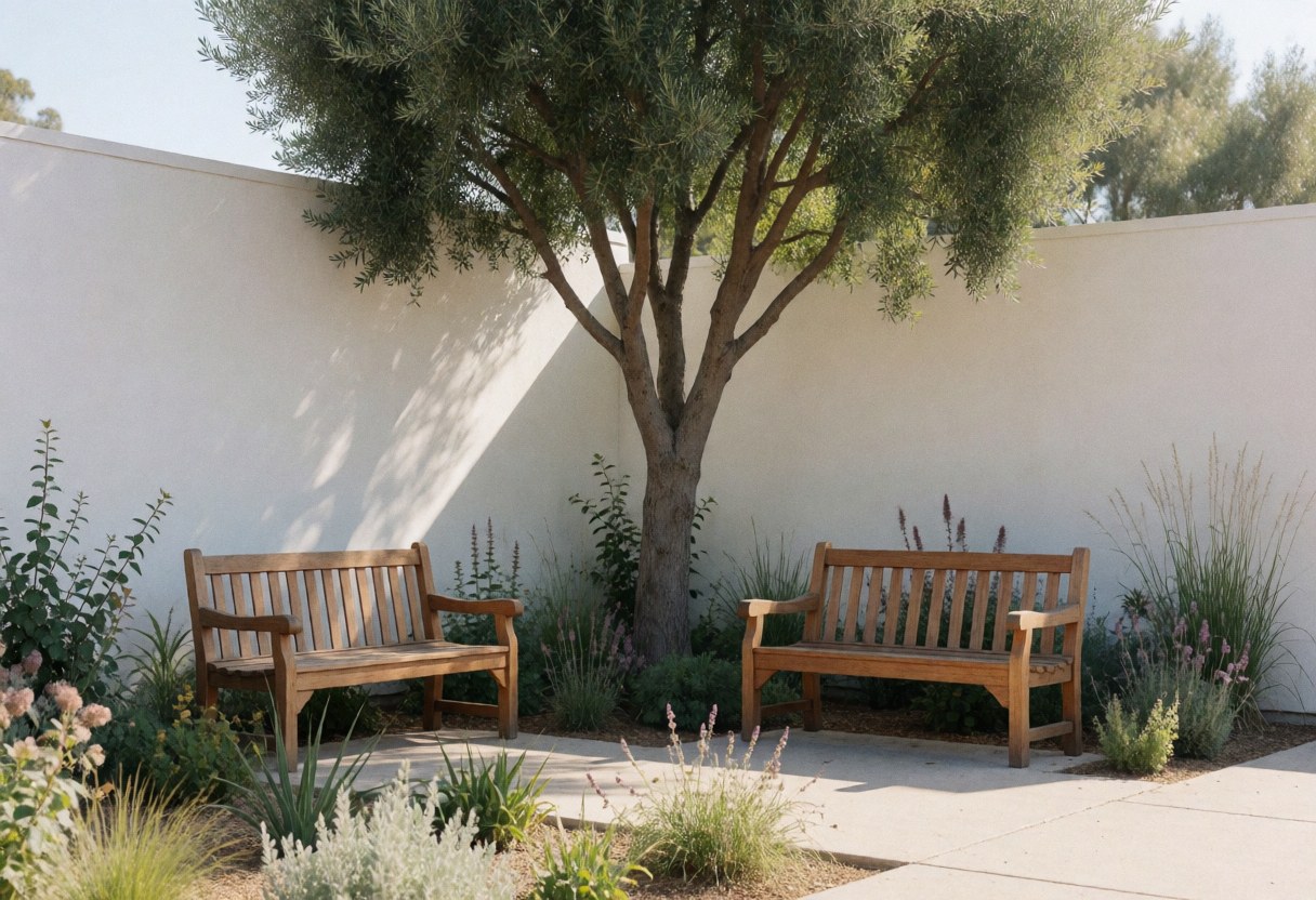 Two wooden benches situated under a large tree in an ecological park with native plants and a white wall, ideal for resting in nature.