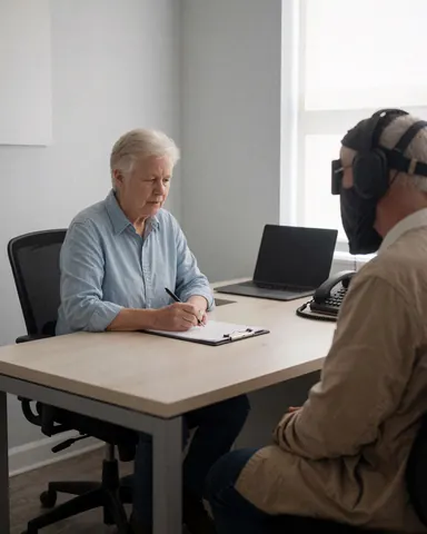 A professional writes on a clipboard while attending to an older client wearing headphones in a well-lit clinical consultation room.