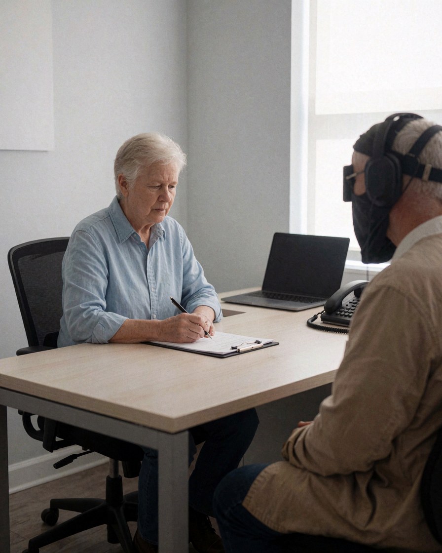 A professional writes on a clipboard while attending to an older client wearing headphones in a well-lit clinical consultation room.