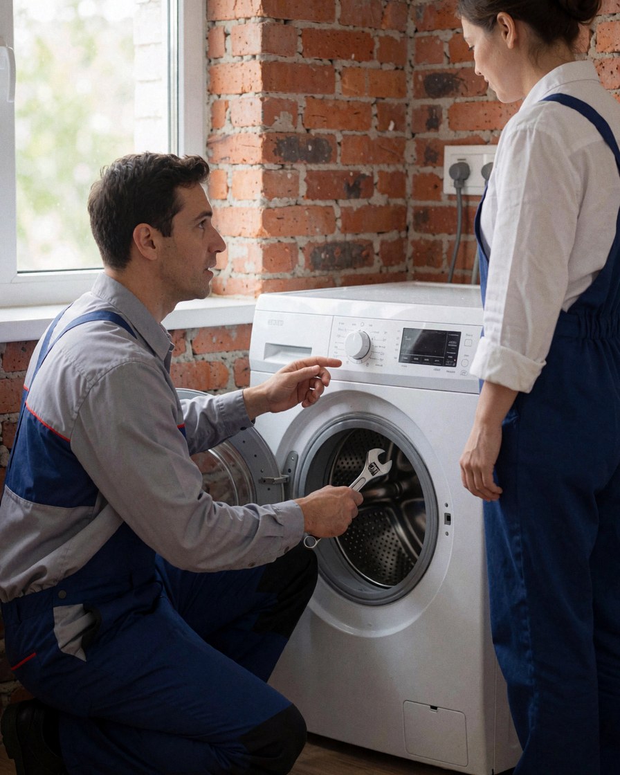 A plumber uses a wrench to adjust a washing machine during a service call.