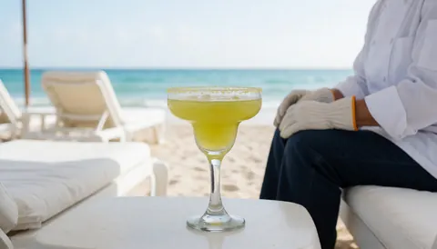 Margarita cocktail with salted rim on beach table with white loungers and ocean background at beach club