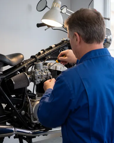 Mechanic in blue uniform adjusts a carburetor float in a motorcycle engine using a work light in a gray-walled workshop.