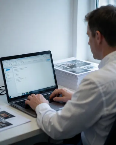 A man working on a laptop with a stack of printed materials nearby in an office with natural light and white walls