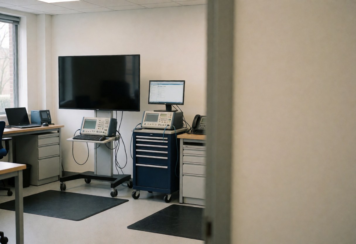 Large television in a repair shop with diagnostic equipment and monitors, lit by natural window light and neutral walls.