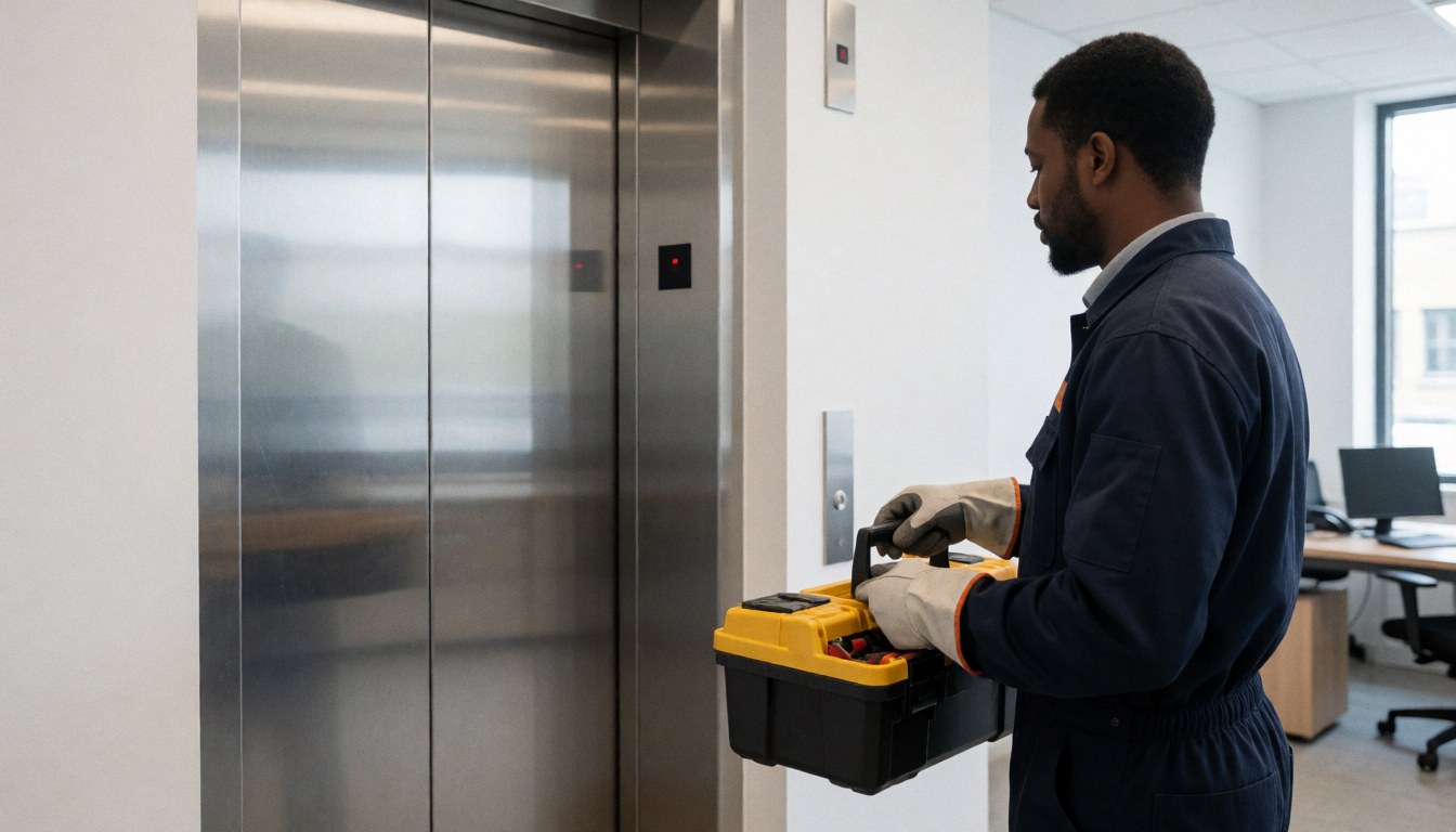 Technician checking an elevator in a modern office, wearing uniform and holding tools, with reflections on metal doors.
