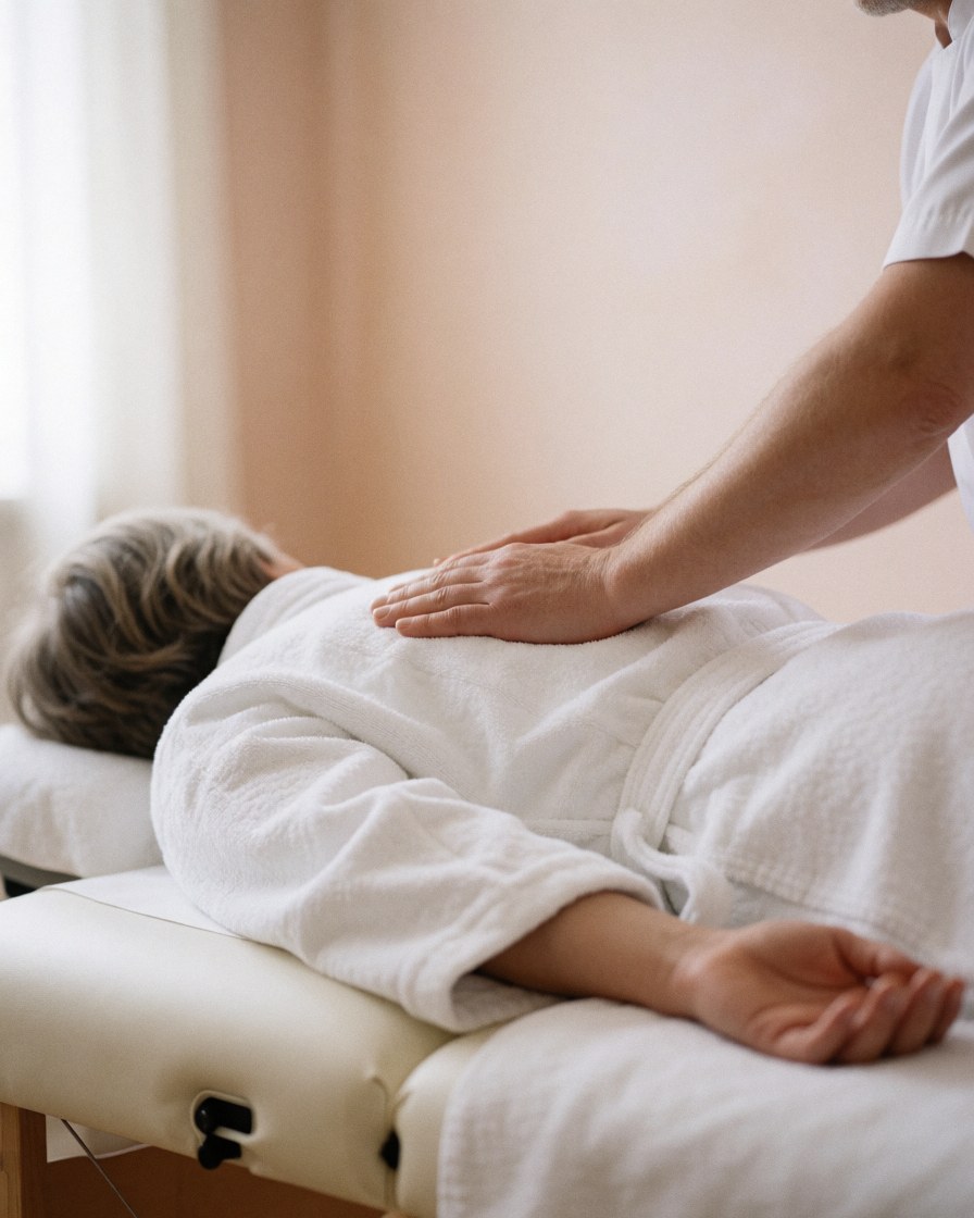 Therapist applying swedish massage on client back on white table with pale terracotta walls in relaxed professional setting