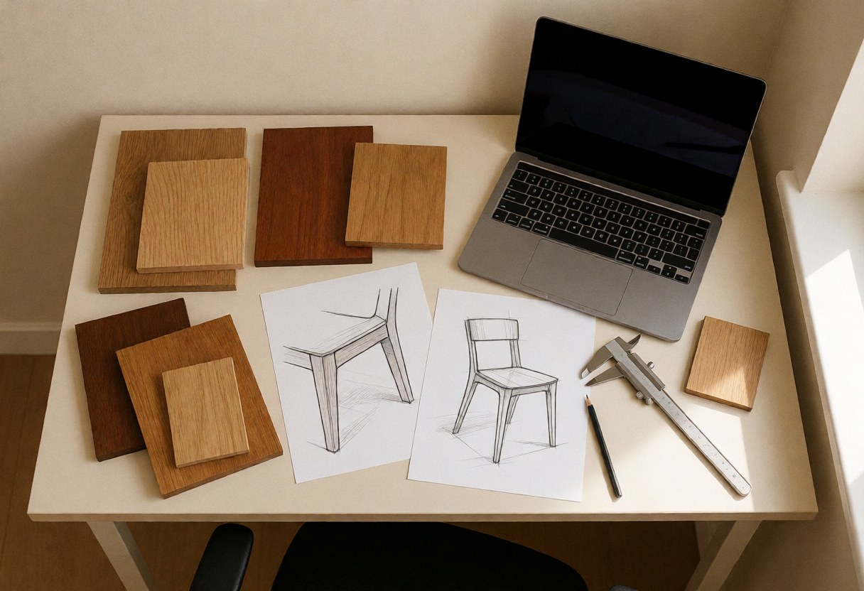 Desk with wood samples, chair sketches, and design tools for a woodworking workshop