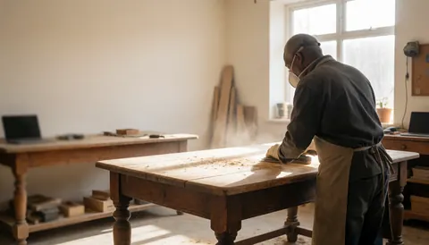 A man wearing a dust mask sands an antique wooden table in a workshop with natural light and visible wood shavings.