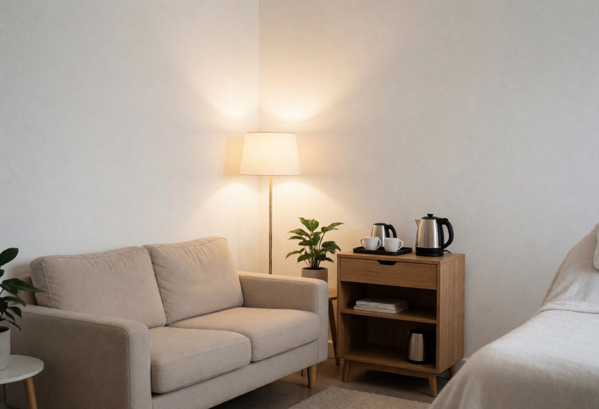Modern waiting room featuring a beige sofa, lamp, side table with coffee, and plants for a cozy beauty salon atmosphere.
