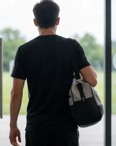 A young athlete carrying a sports bag walking onto a soccer field, suitable for soccer coaching and training contexts