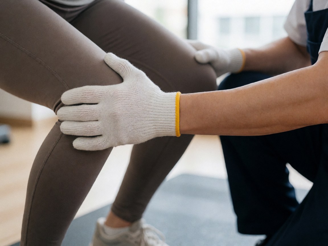 Fitness trainer wearing white glove adjusts client knee during gym workout