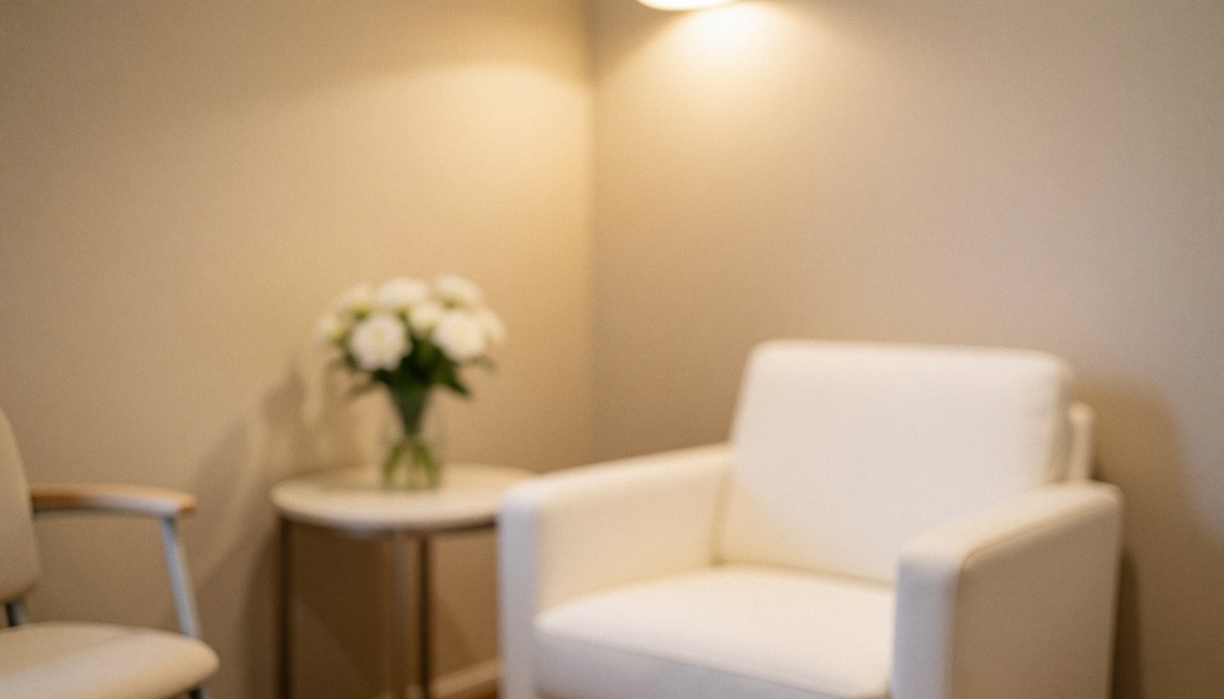 White chairs arranged in a beige waiting room with a small table holding white flowers, ideal for beauty salons or spas.