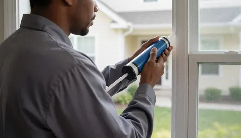 A technician in a gray uniform applying silicone sealant to a residential window during the morning light